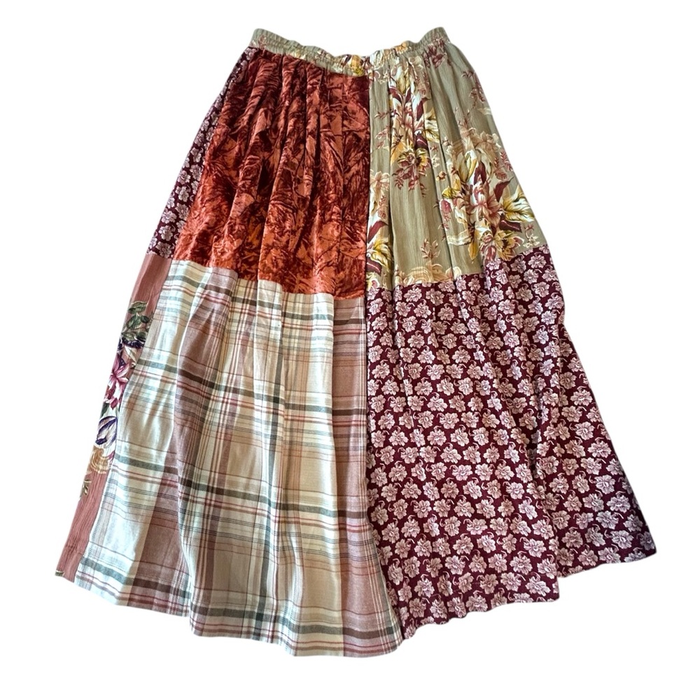 Bohemian Patchwork Mixed-Media Maxi Skirt Size M Earthtones Cambridge Dry Goods